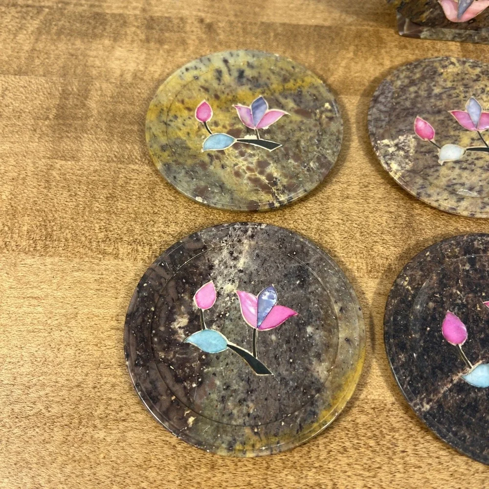 Vintage Marble Floral Mother of Pearl Inlay Coasters Set of 6 W/ Holder